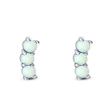 Art Deco Three Stone Style Stud Earring Round Created White Opal Solid 925 Sterling Silver (7mm)